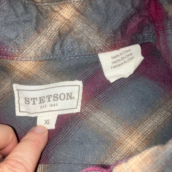 Stetson Men’s Dobby Plaid Long Sleeve Snap Front Flannel Shirt -XL - Picture 8 of 14